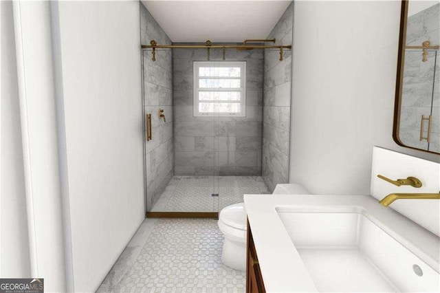 bathroom with toilet, vanity, and walk in shower