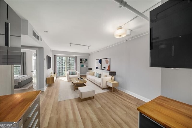 living room with rail lighting and light hardwood / wood-style floors