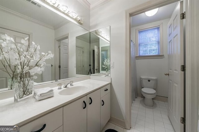 bathroom with toilet, crown molding, tile patterned flooring, and vanity