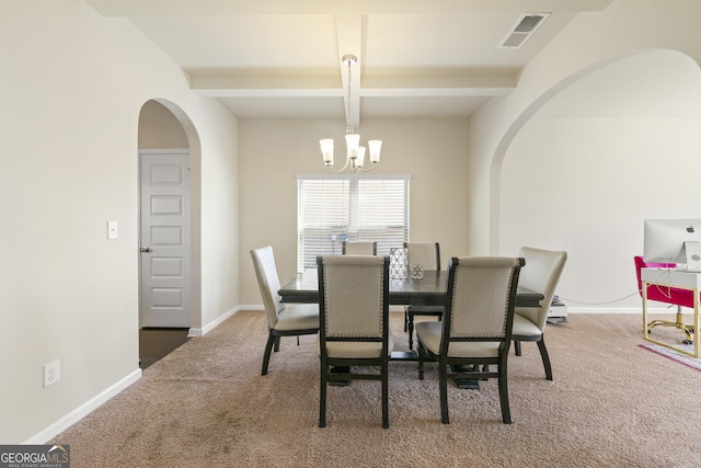 dining room with coffered ceiling, a chandelier, beamed ceiling, and carpet floors