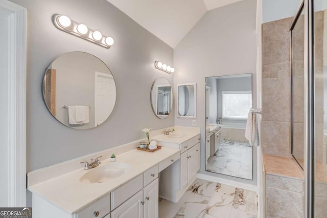 full bathroom featuring vaulted ceiling, double vanity, marble finish floor, and a sink