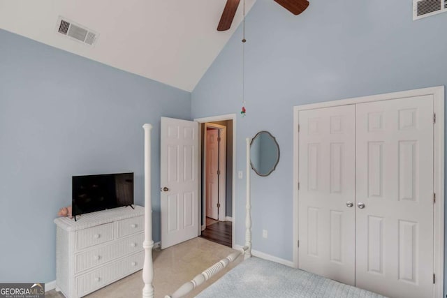 bedroom with visible vents, high vaulted ceiling, carpet, and a ceiling fan