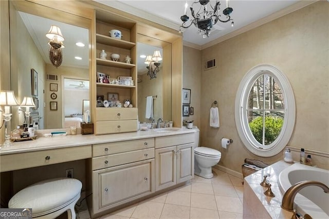 bathroom with a notable chandelier, crown molding, vanity, and a relaxing tiled tub