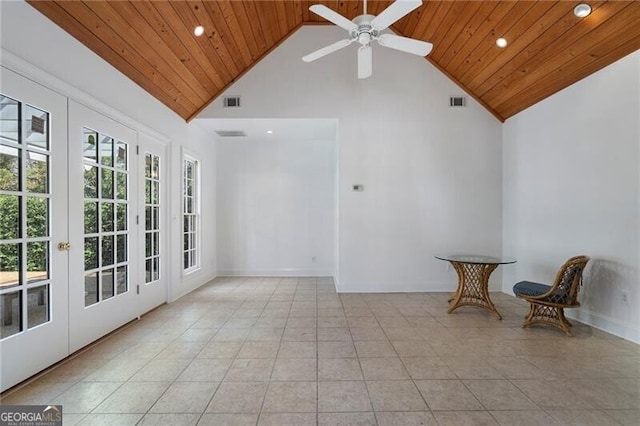 interior space featuring high vaulted ceiling, ceiling fan, and wooden ceiling