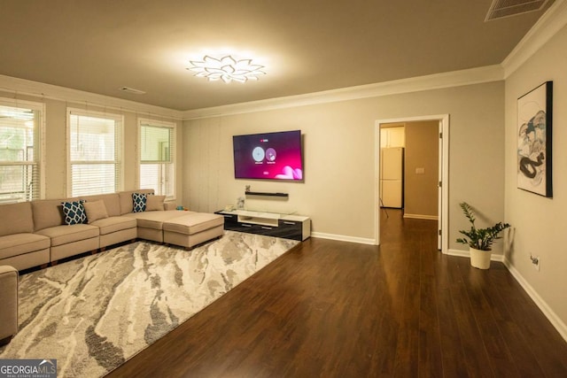 living room with ornamental molding and dark wood-type flooring