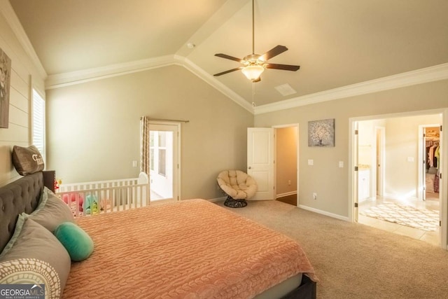 bedroom featuring ornamental molding, carpet flooring, multiple windows, and lofted ceiling