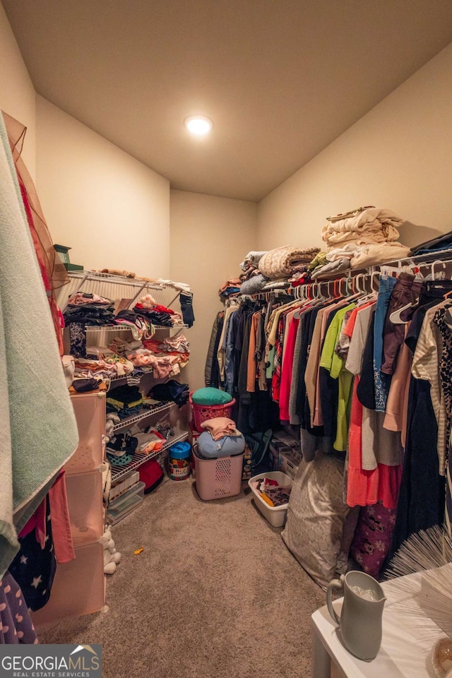 walk in closet with carpet floors