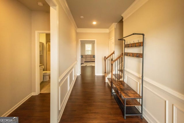 corridor featuring ornamental molding and dark wood-type flooring