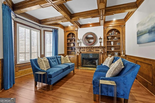 4080 Ryckeley Dr, Gainesville, GA 30504 - living area featuring hardwood / wood-style floors, built in shelves, a wainscoted wall, and coffered ceiling
