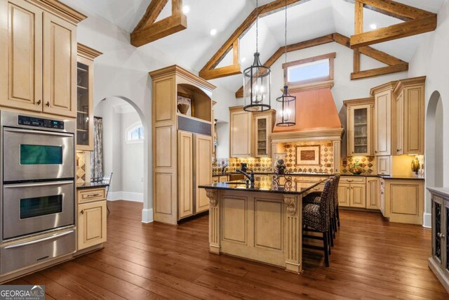 4080 Ryckeley Dr, Gainesville, GA 30504 - kitchen with double oven, a warming drawer, arched walkways, and open shelves