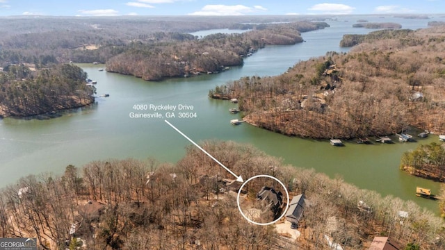 birds eye view of property with a forest view and a water view