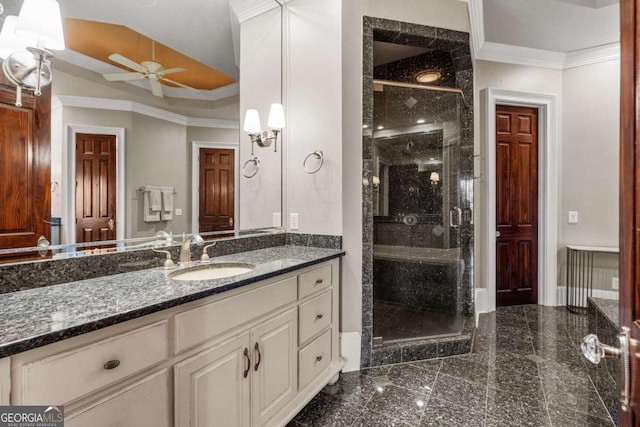 4080 Ryckeley Dr, Gainesville, GA 30504 - bathroom featuring vanity, a ceiling fan, granite finish floor, a stall shower, and ornamental molding