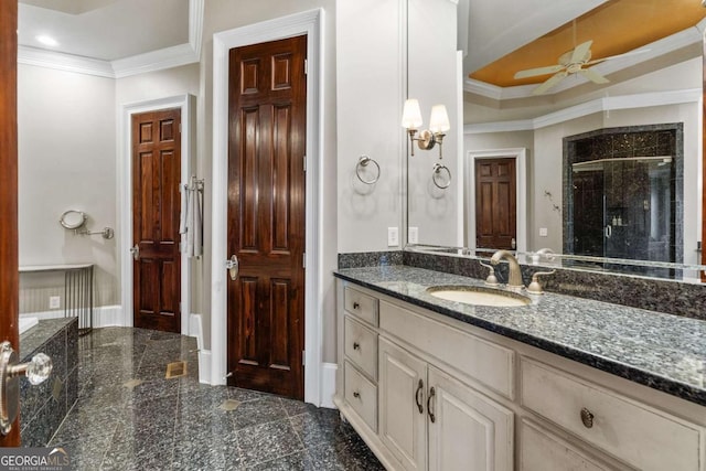 4080 Ryckeley Dr, Gainesville, GA 30504 - bathroom featuring crown molding, a stall shower, granite finish floor, vanity, and a ceiling fan