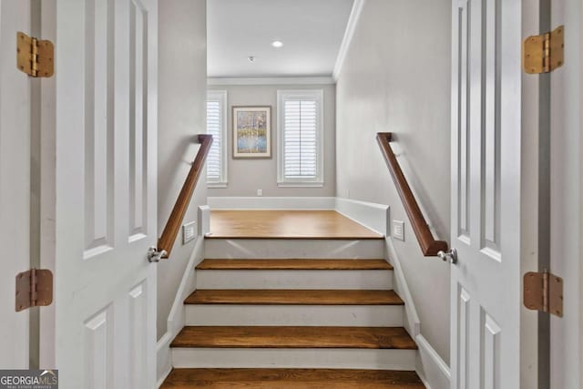 4080 Ryckeley Dr, Gainesville, GA 30504 - stairs featuring baseboards and crown molding