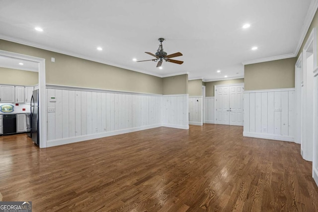 4080 Ryckeley Dr, Gainesville, GA 30504 - interior space featuring recessed lighting, a ceiling fan, dark wood-style flooring, and wainscoting