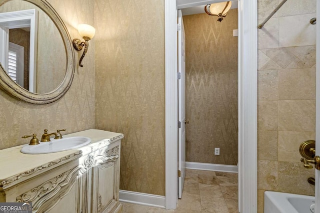 4080 Ryckeley Dr, Gainesville, GA 30504 - full bathroom with baseboards, wallpapered walls, vanity, and  shower combination