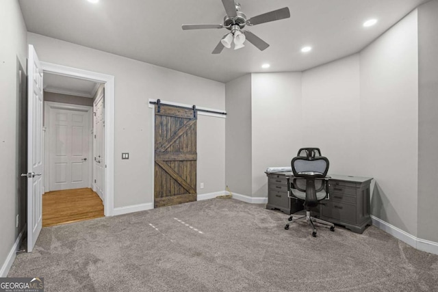 4080 Ryckeley Dr, Gainesville, GA 30504 - unfurnished office featuring recessed lighting, baseboards, a barn door, and carpet floors
