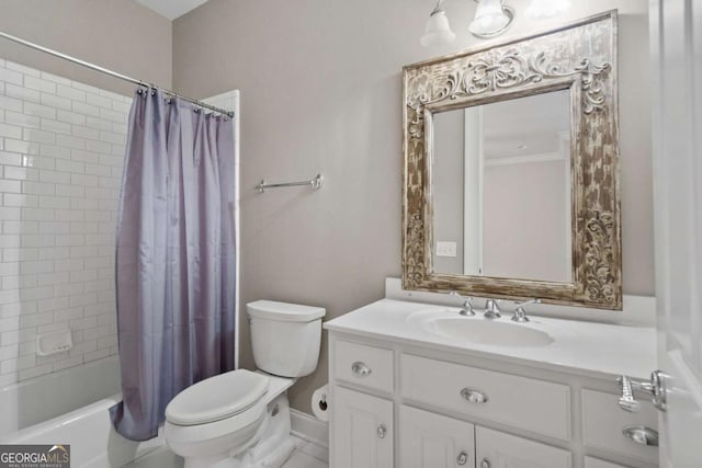 4080 Ryckeley Dr, Gainesville, GA 30504 - bathroom with toilet, vanity, shower / tub combo, and ornamental molding