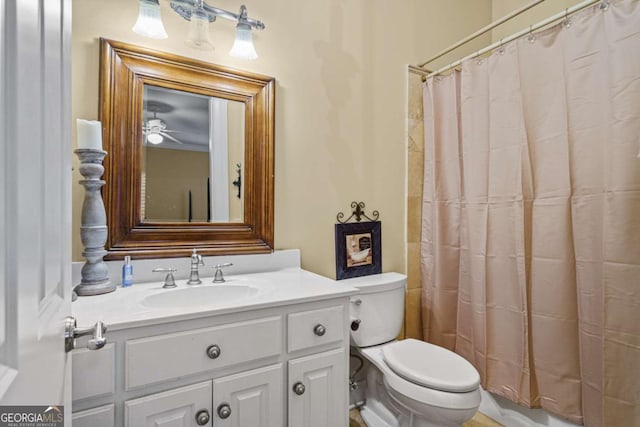 4080 Ryckeley Dr, Gainesville, GA 30504 - full bathroom featuring vanity, curtained shower, toilet, and a ceiling fan