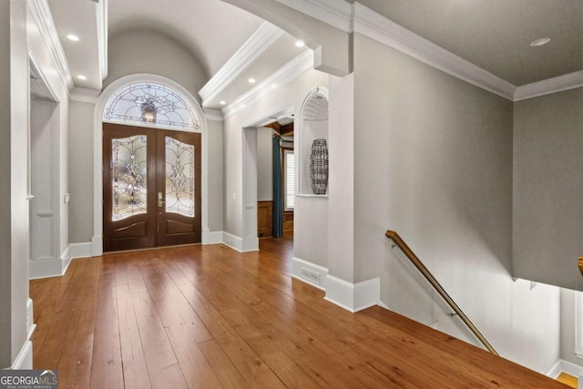 4080 Ryckeley Dr, Gainesville, GA 30504 - entryway featuring french doors, crown molding, baseboards, and hardwood / wood-style floors