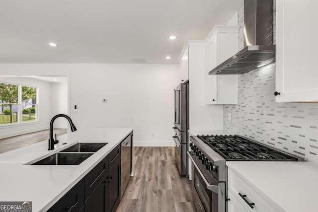 kitchen featuring tasteful backsplash, wall chimney exhaust hood, premium appliances, sink, and white cabinetry