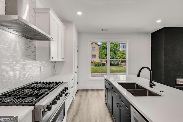 kitchen featuring white cabinetry, light wood-type flooring, sink, backsplash, and wall chimney range hood