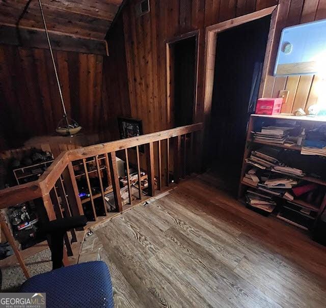 249 Ponderosa Ln, Barnesville, GA 30204 - interior space with hardwood / wood-style flooring, wood ceiling, vaulted ceiling, and wood walls