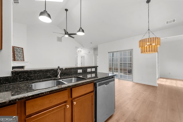 kitchen with sink, decorative light fixtures, and dishwasher