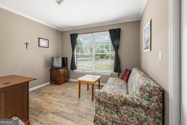 sitting room with ornamental molding, light hardwood / wood-style flooring, and a textured ceiling