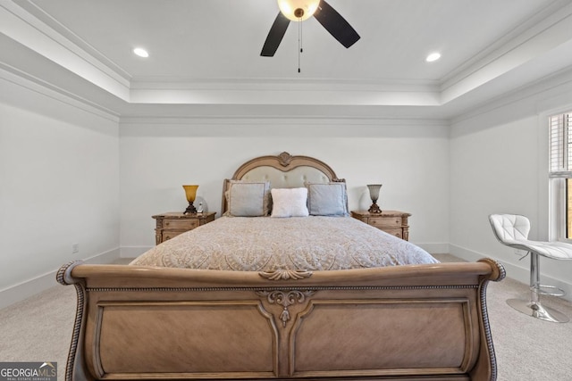 bedroom featuring ceiling fan, ornamental molding, and carpet