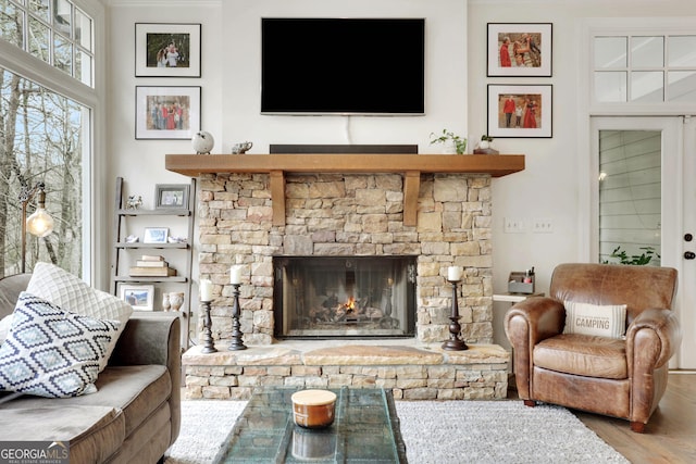 living room with a stone fireplace and hardwood / wood-style floors