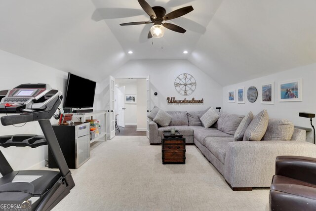 living room featuring lofted ceiling and ceiling fan