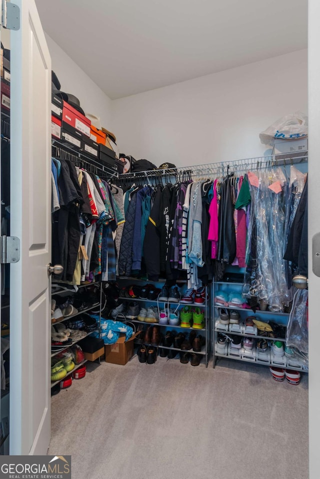 walk in closet with carpet