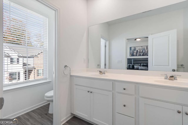 bathroom with toilet, hardwood / wood-style flooring, and vanity