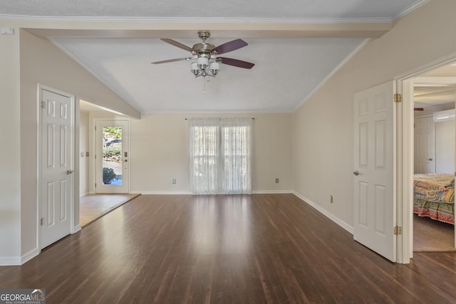 unfurnished living room featuring ceiling fan, lofted ceiling, dark hardwood / wood-style flooring, and ornamental molding