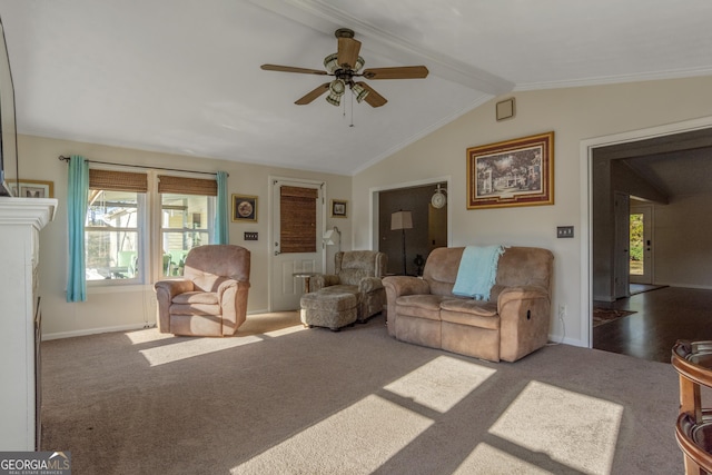 carpeted living room featuring vaulted ceiling with beams and ceiling fan