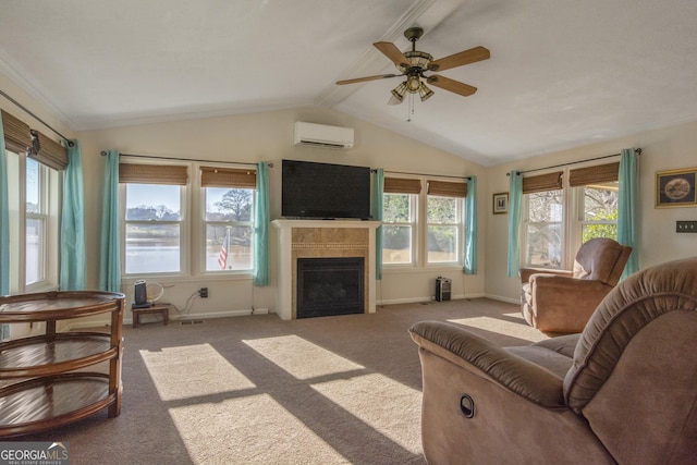 carpeted living room with ceiling fan, a wall unit AC, and lofted ceiling