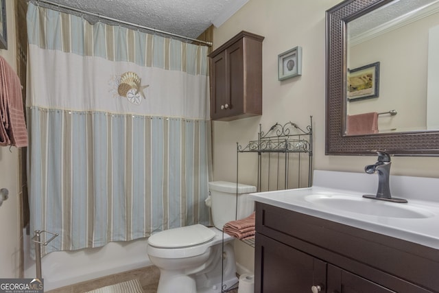 full bathroom with vanity, shower / bath combination with curtain, a textured ceiling, toilet, and tile patterned floors