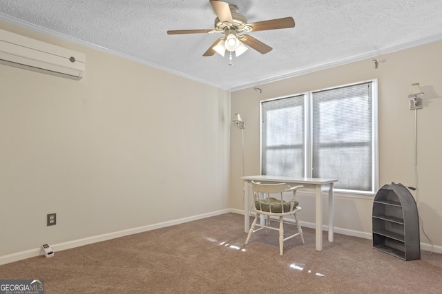 home office with carpet floors, ornamental molding, a wall mounted AC, and ceiling fan