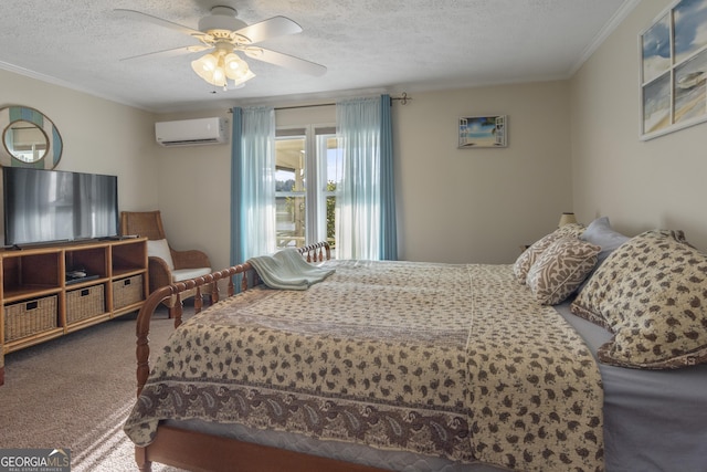 bedroom featuring an AC wall unit, a textured ceiling, ceiling fan, ornamental molding, and carpet