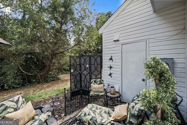 view of patio / terrace featuring a shed