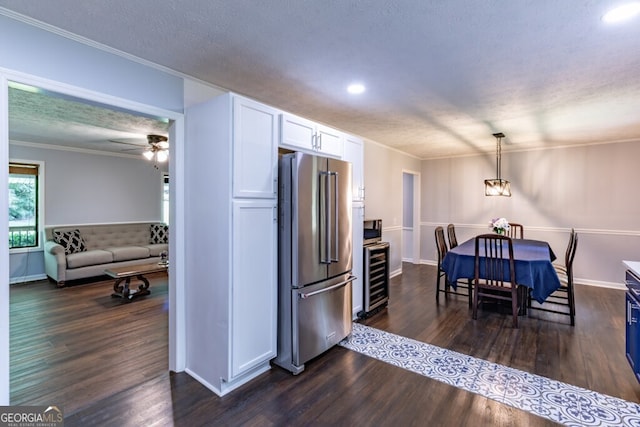 kitchen with white cabinetry, decorative light fixtures, high quality fridge, dark wood-type flooring, and beverage cooler