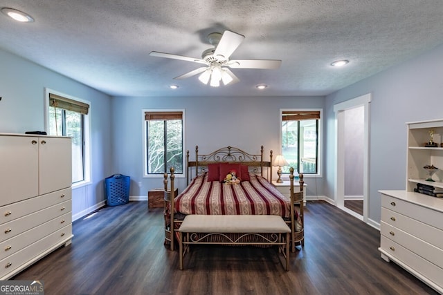 bedroom with multiple windows, a textured ceiling, and dark hardwood / wood-style floors