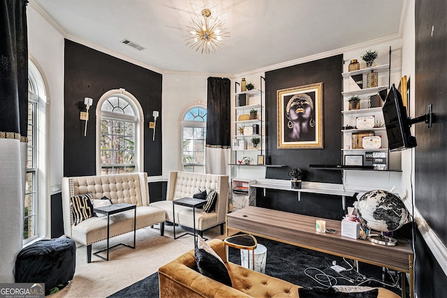 sitting room with carpet, crown molding, and a chandelier