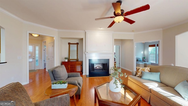 living room featuring ceiling fan, hardwood / wood-style flooring, and crown molding