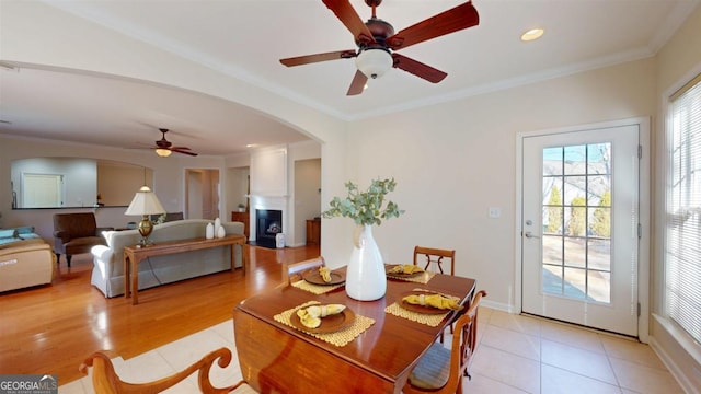 dining space with light wood-type flooring, crown molding, and ceiling fan