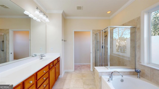 bathroom with separate shower and tub, vanity, and crown molding