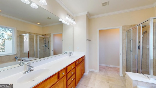 bathroom with plus walk in shower, vanity, and ornamental molding