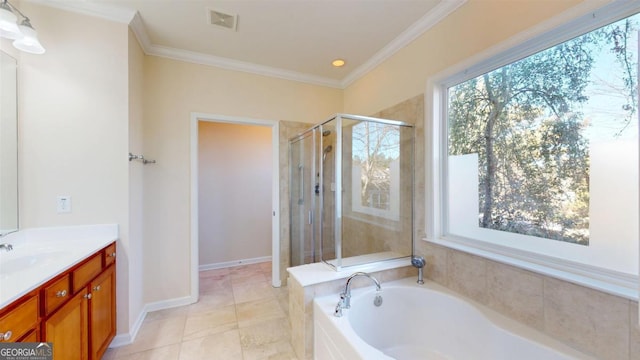 bathroom featuring separate shower and tub, vanity, tile patterned flooring, and crown molding