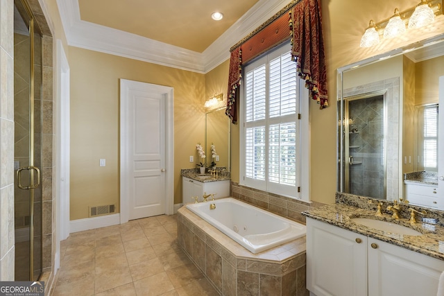 bathroom with separate shower and tub, vanity, tile patterned flooring, and crown molding